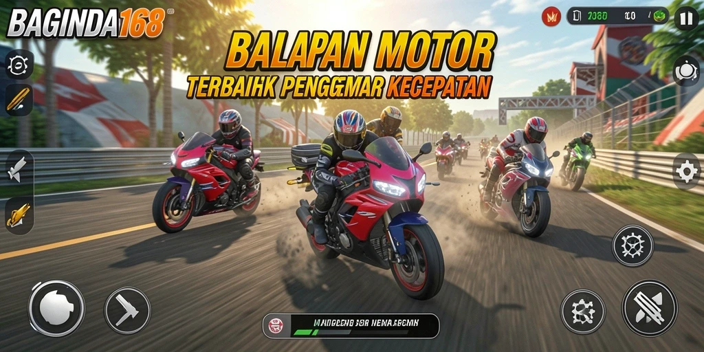 Tangkapan layar gameplay BAGINDA168 menampilkan balapan motor yang seru dan menegangkan.