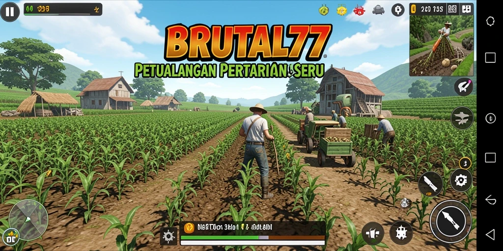 Tampilan gameplay BRUTAL77 dengan aktivitas bertani yang seru.