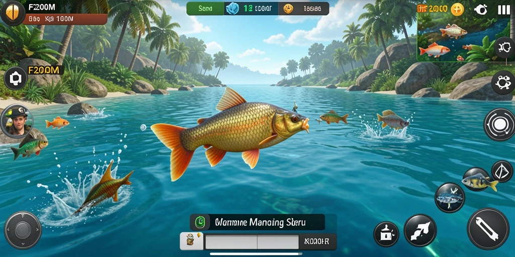Screenshot F200M menampilkan gameplay memancing yang mendebarkan.