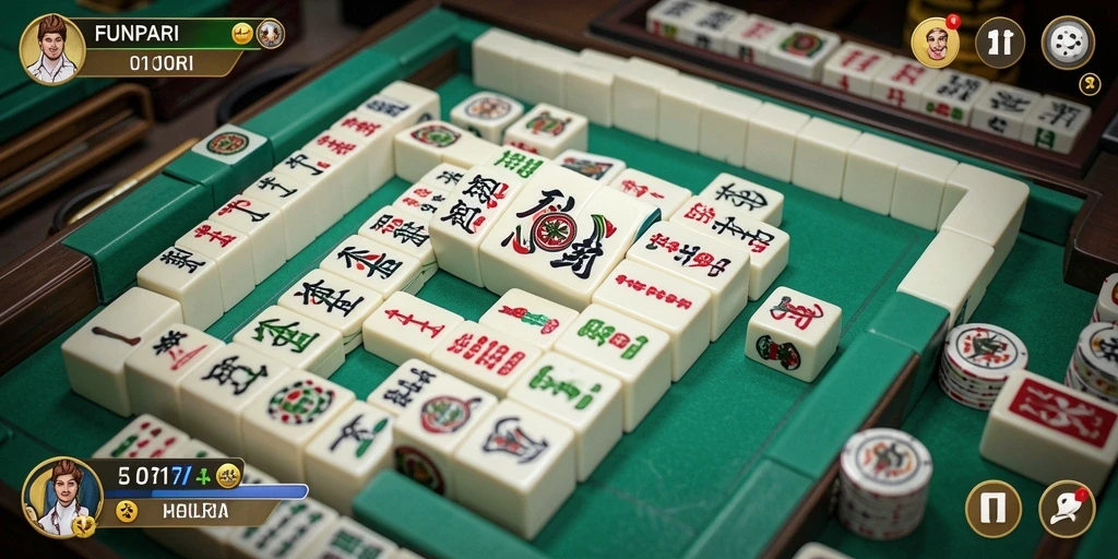 Screenshot utama gameplay Mahjong FUNPARI yang menampilkan keseruan permainan.