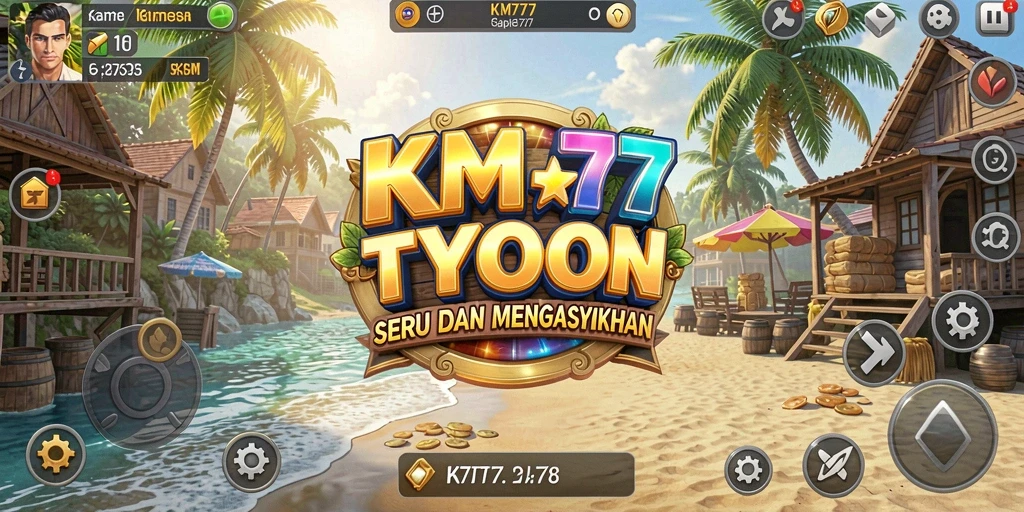 Screenshot permainan KM777 yang menunjukkan aktivitas manajemen bisnis.