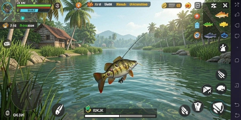 Tampilan gameplay menunjukkan aksi memancing yang seru dan lokasi indah.