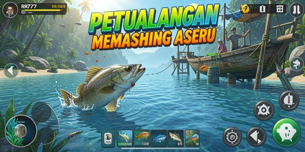 Tampilan screenshot utama RR777 menampilkan pemain menangkap ikan yang besar.