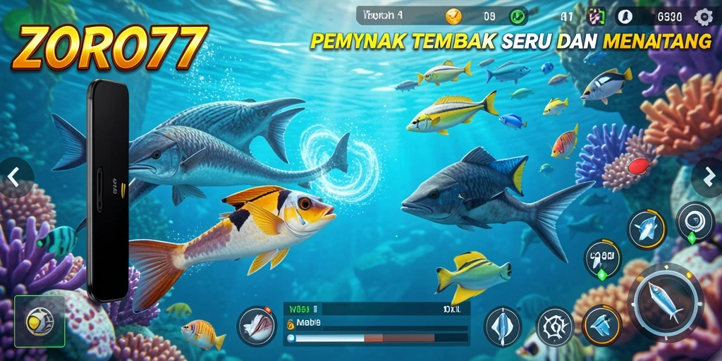 Tampilan gameplay seru dari ZORO77 dengan aksi Tembak Ikan.